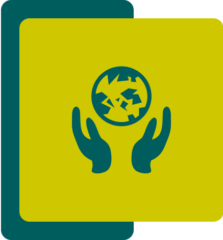 Icon of two hands holding a globe with fragmented continents, composed of green and dark turquoise colors.