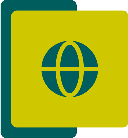 Two overlapping rectangles with a stylized globe symbol in the center.